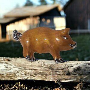 Vintage Pig Brooch Pin Yellow Enamel Rhinestone Eye Farm Barn Animal Gift 2"